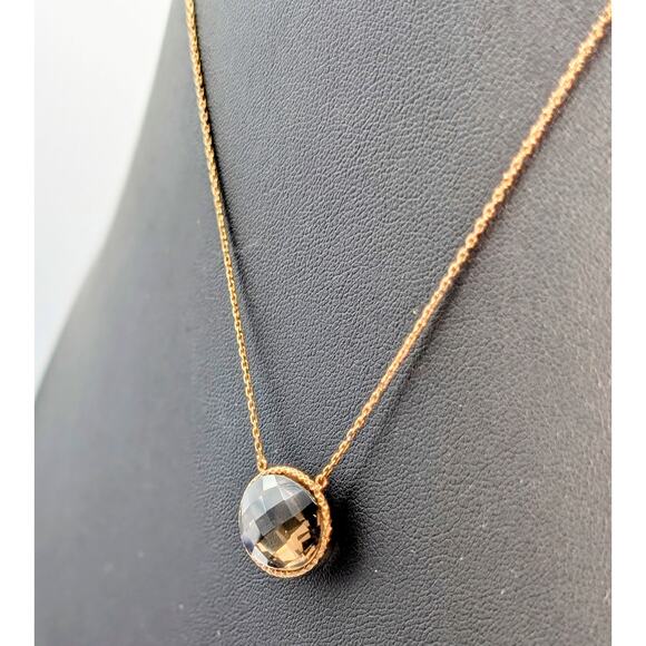 925 Sterling Gold Vermeil Faceted Bezel Set Smoky Quartz Pendant Chain Necklace - Picture 1 of 5